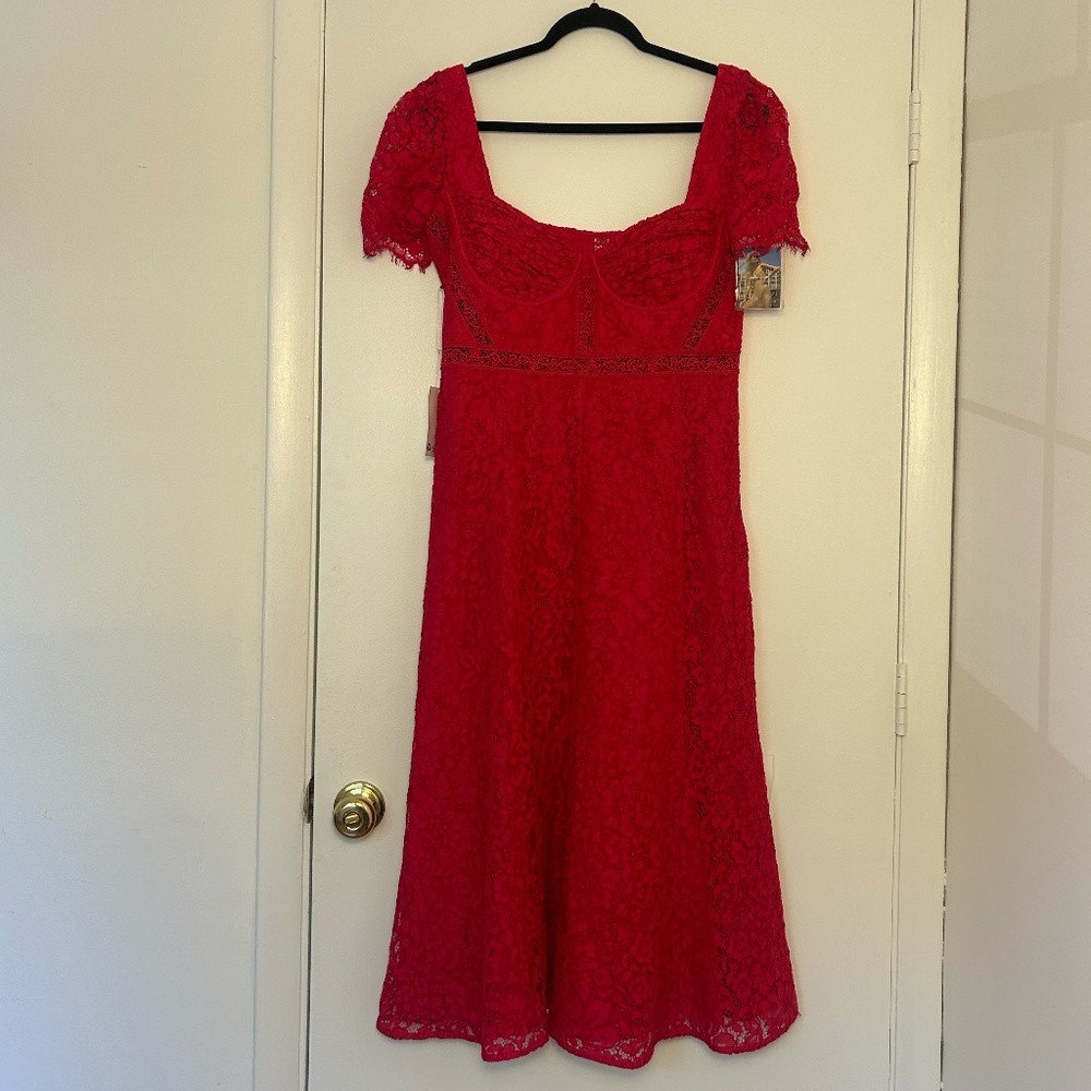 Self-Portrait Red Crepe Lace Detail Midi Dress - Size 10